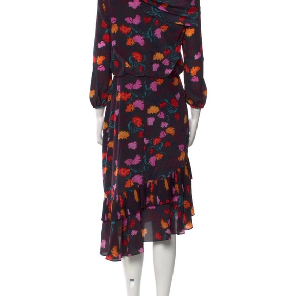 SALONI Black Azelea Floral Print LEXIE Asymmetric Off Shoulder Silk Midi Dress - Picture 4 of 5